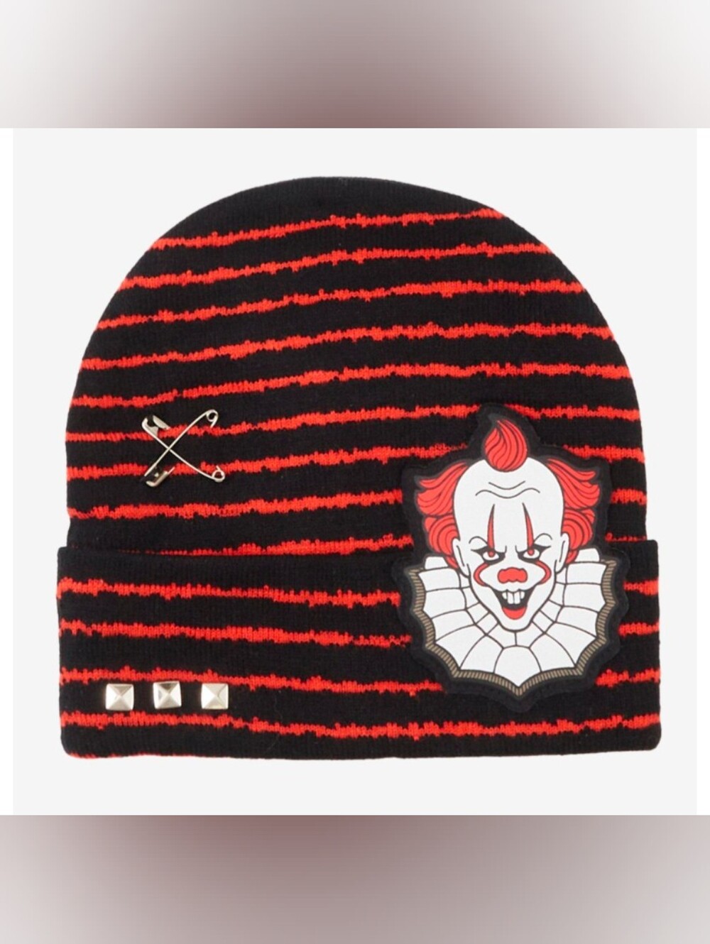 Stephen King It Pennywise Black and Red Striped Beanie Hat with Studs New!